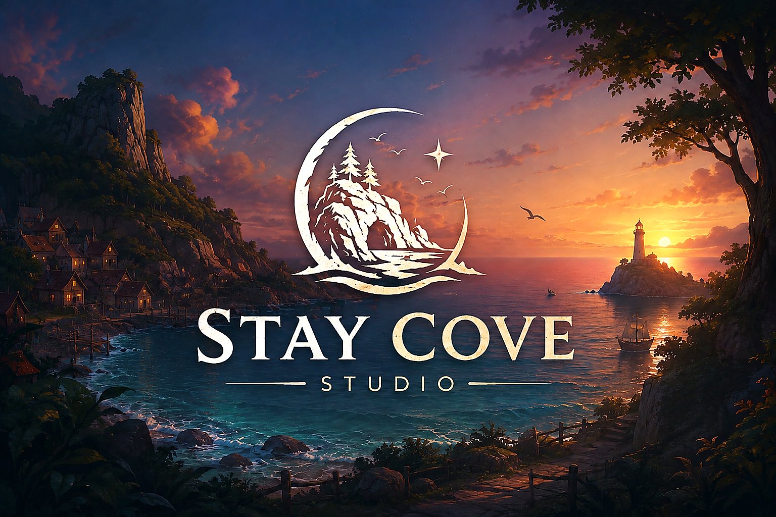 A crescent moon cradling a rocky cove island with pine trees, painted above a quiet seaside village at sunset, with a lighthouse in the distance.