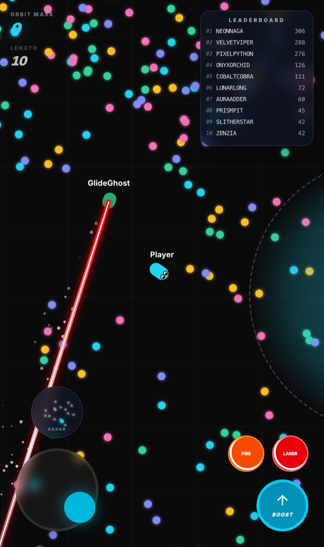 Slither Orbit gameplay: a glowing snake trail curving through a dark circular arena.