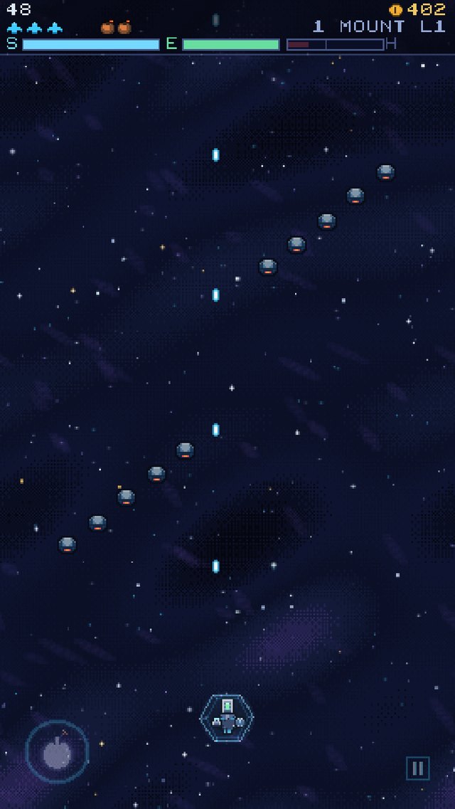 Starfall Vanguard gameplay: a pixel-art starfighter facing two formations of enemy ships over a purple nebula.